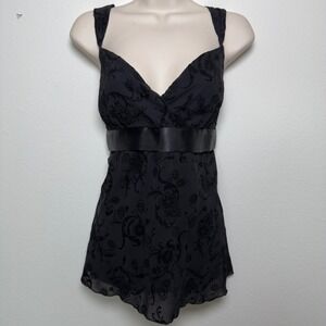 VTG 90s Fairy Grunge Babydoll Velvet Paisley Tie Waist Top Medium Black Floral